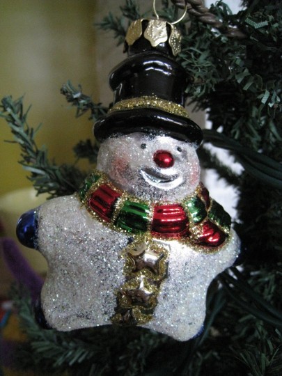 Glass snowman ornament, a gift from mom. 