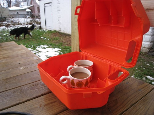 Warm, sheltered coffee house. 