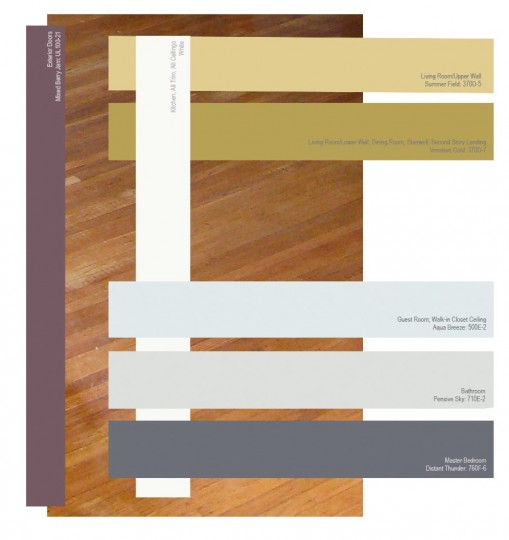 The color palette of the house. Exterior doors are purple. Downstairs are white, and the gold shades; Upstairs are whites, blues, and grays.