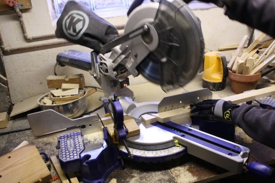 Slicing the end of the board to create the first 30-degree angle.