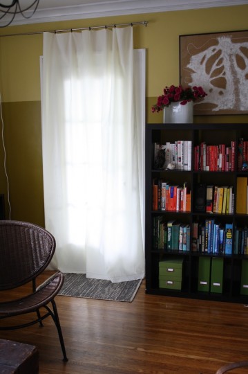 Shortened curtain, happy sunroom door.