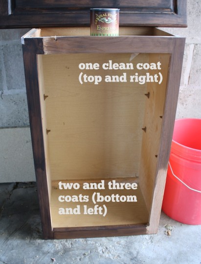 Test staining on the kitchen cabinet base.
