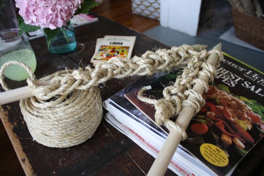 Knitting a rug using sisal rope.