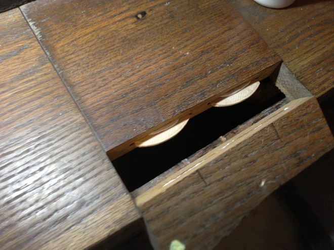 Preparing to reassemble the step using biscuits and wood glue. Preparing to reassemble the step using biscuits and wood glue.