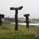 Basalt rock statues along the ocean.